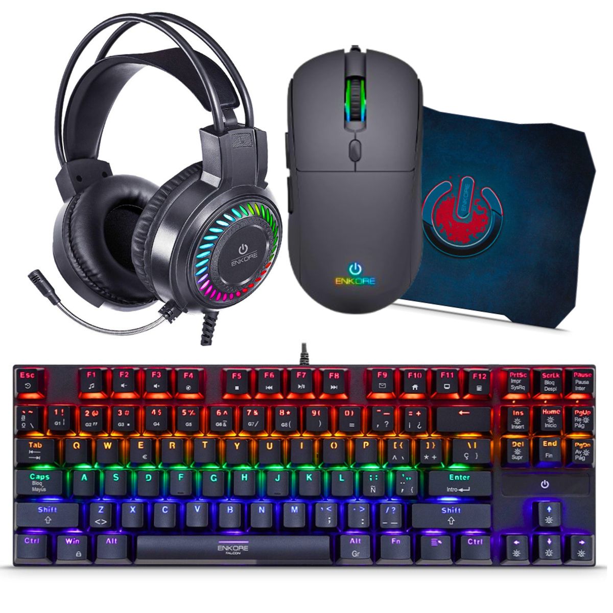 ENKORE - Kit Gamer 4 En 1 Falcon: Teclado Mecánico +Mouse7200DPI+Audifono+pad