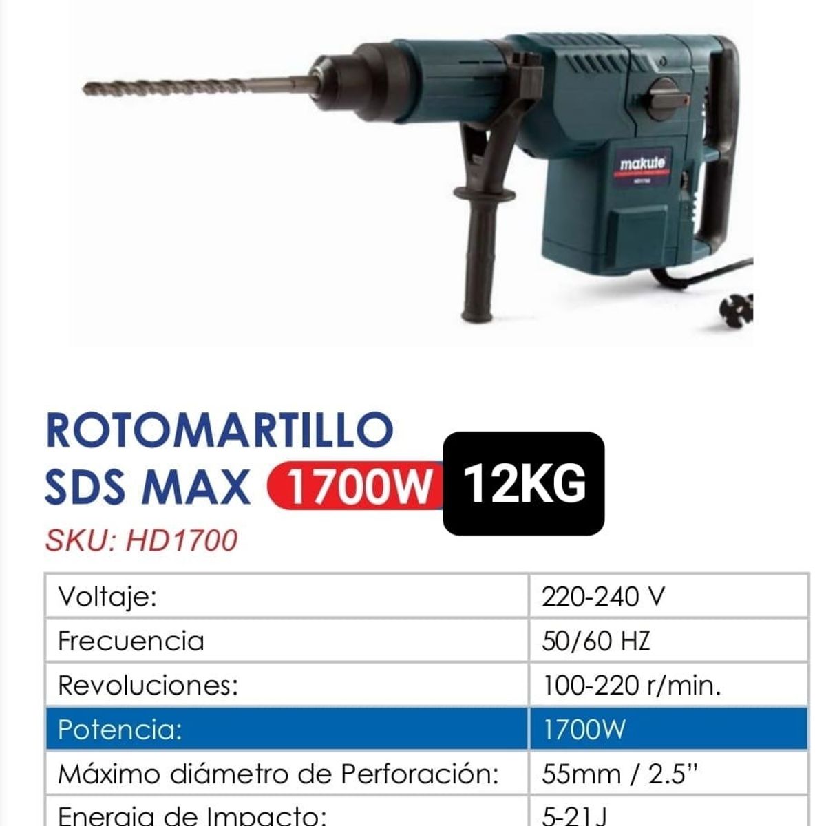 MAKUTE - MARTILLO DEMOLEDOR PERFORADOR SDS MAX DE 1700W
