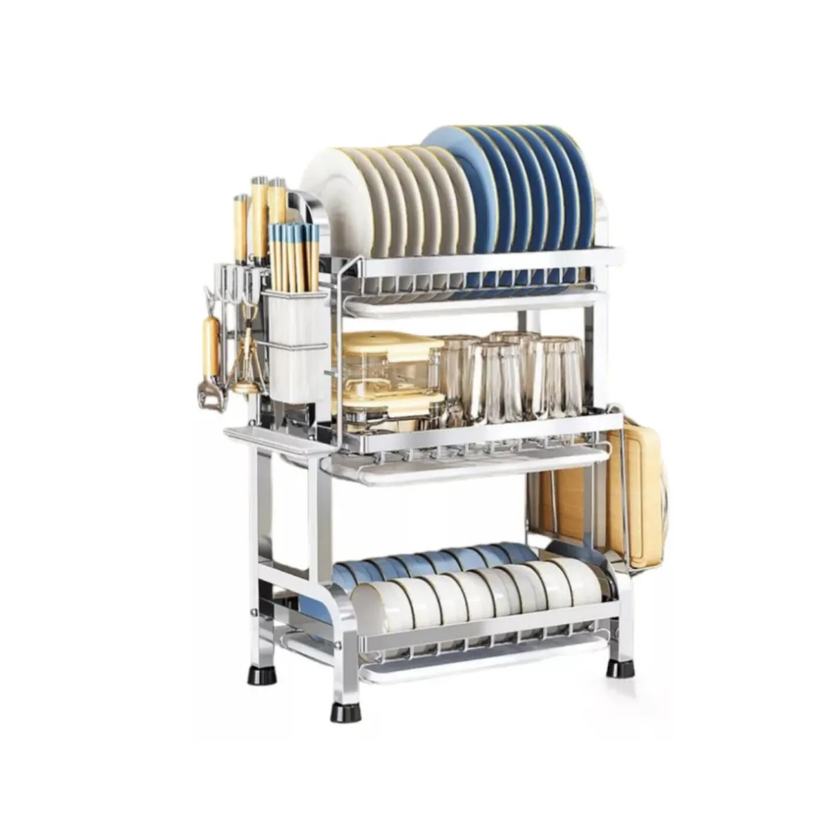 GENERICO - Escurridor organizador de Platos de Acero inoxidable con accesorios - 3 Niveles