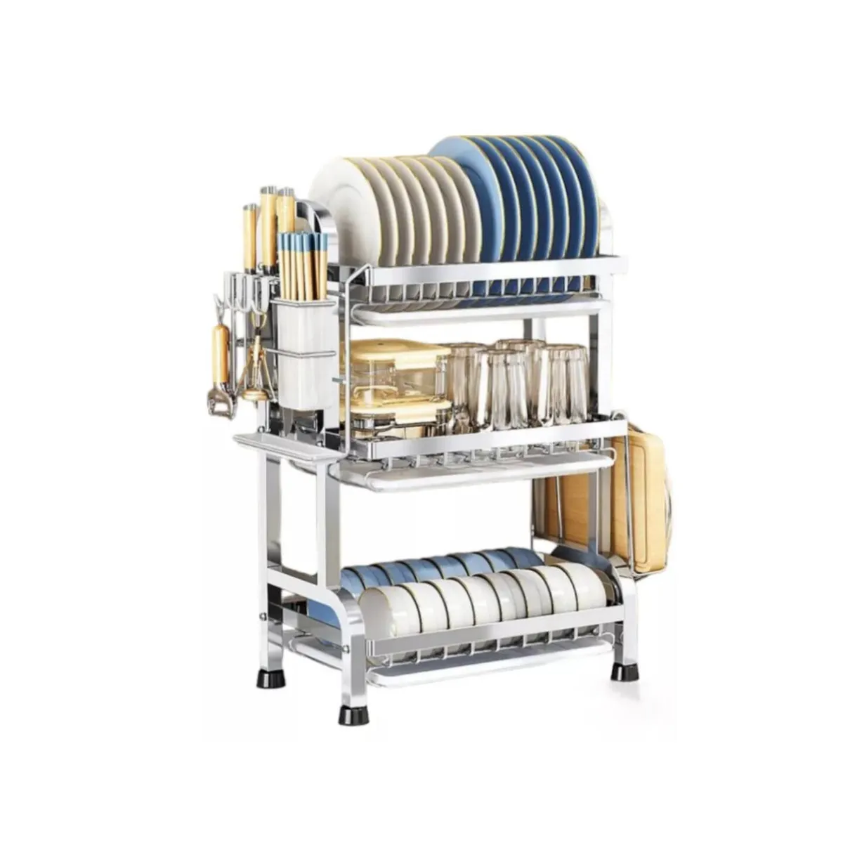 GENERICO - Escurridor organizador de Platos de Acero inoxidable con accesorios - 3 Niveles