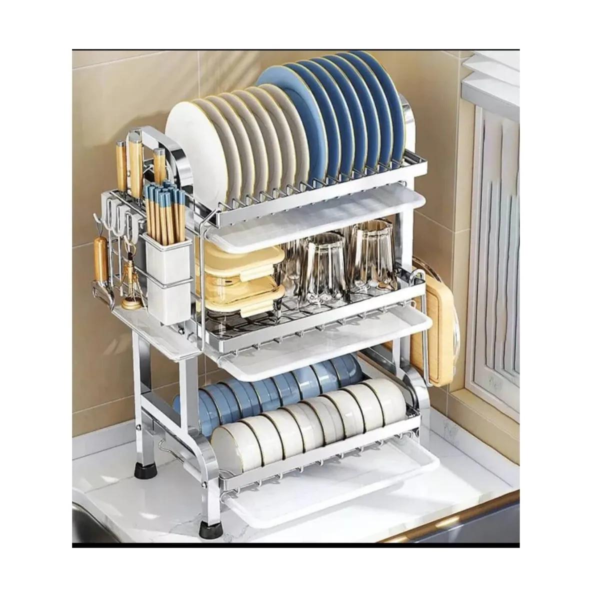 GENERICO - Escurridor organizador de Platos de Acero inoxidable con accesorios - 3 Niveles