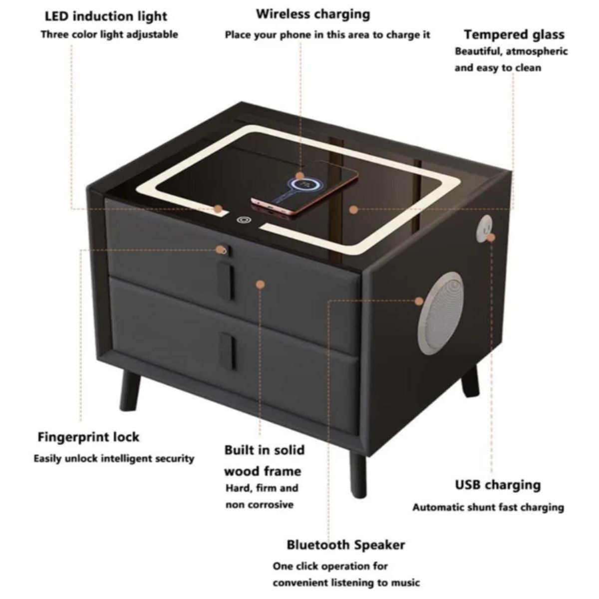 GENERICO - Mesa de Noche Velador Smart con USB Carga Inalambrica y Parlante