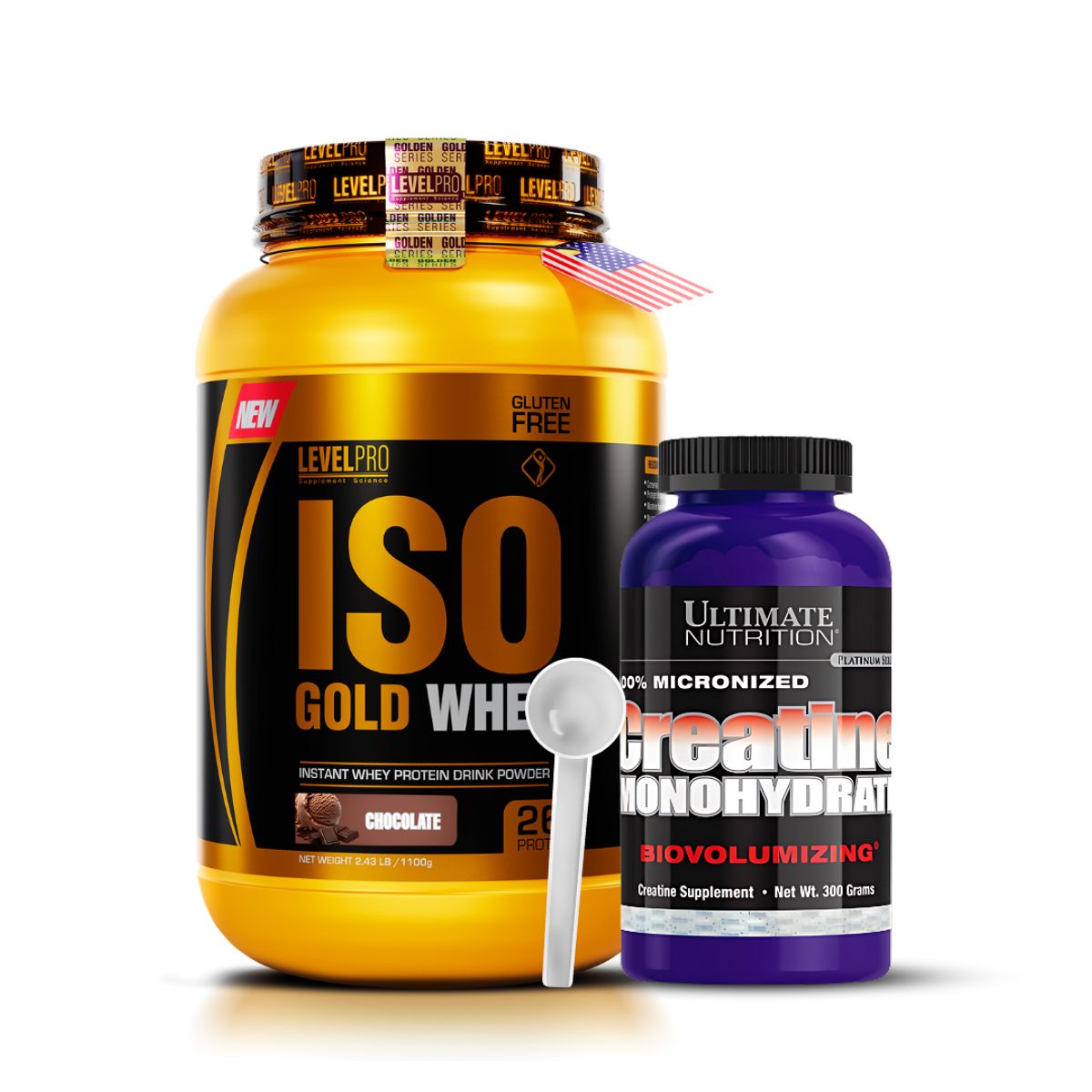 LEVEL PRO - Iso Gold Whey 1.1 kg rich chocolate + Creatina Ultimate nutrition 300 g + scoop