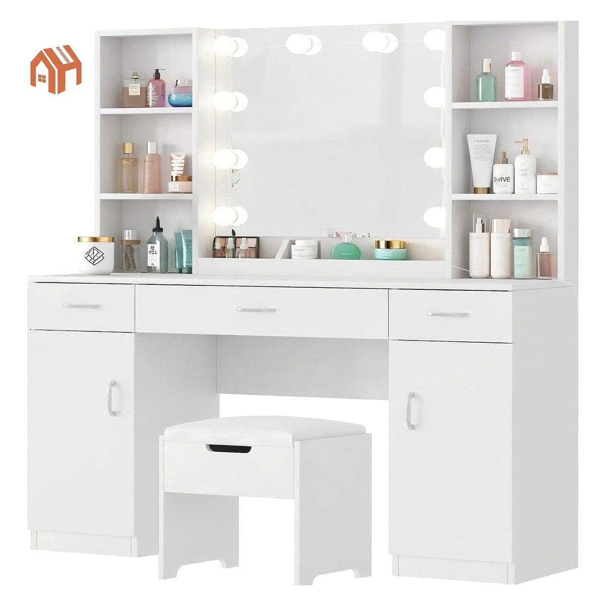 ANYHOGAR - Tocador Con Espejo tipo Hollywood con Taburete Cajones