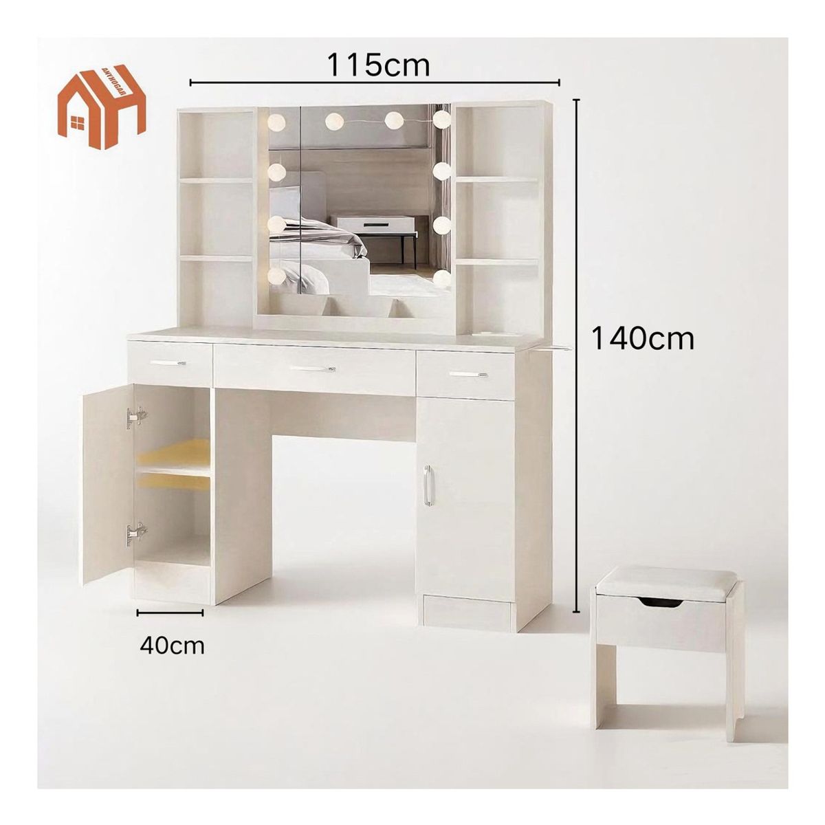 ANYHOGAR - Tocador Con Espejo tipo Hollywood con Taburete Cajones