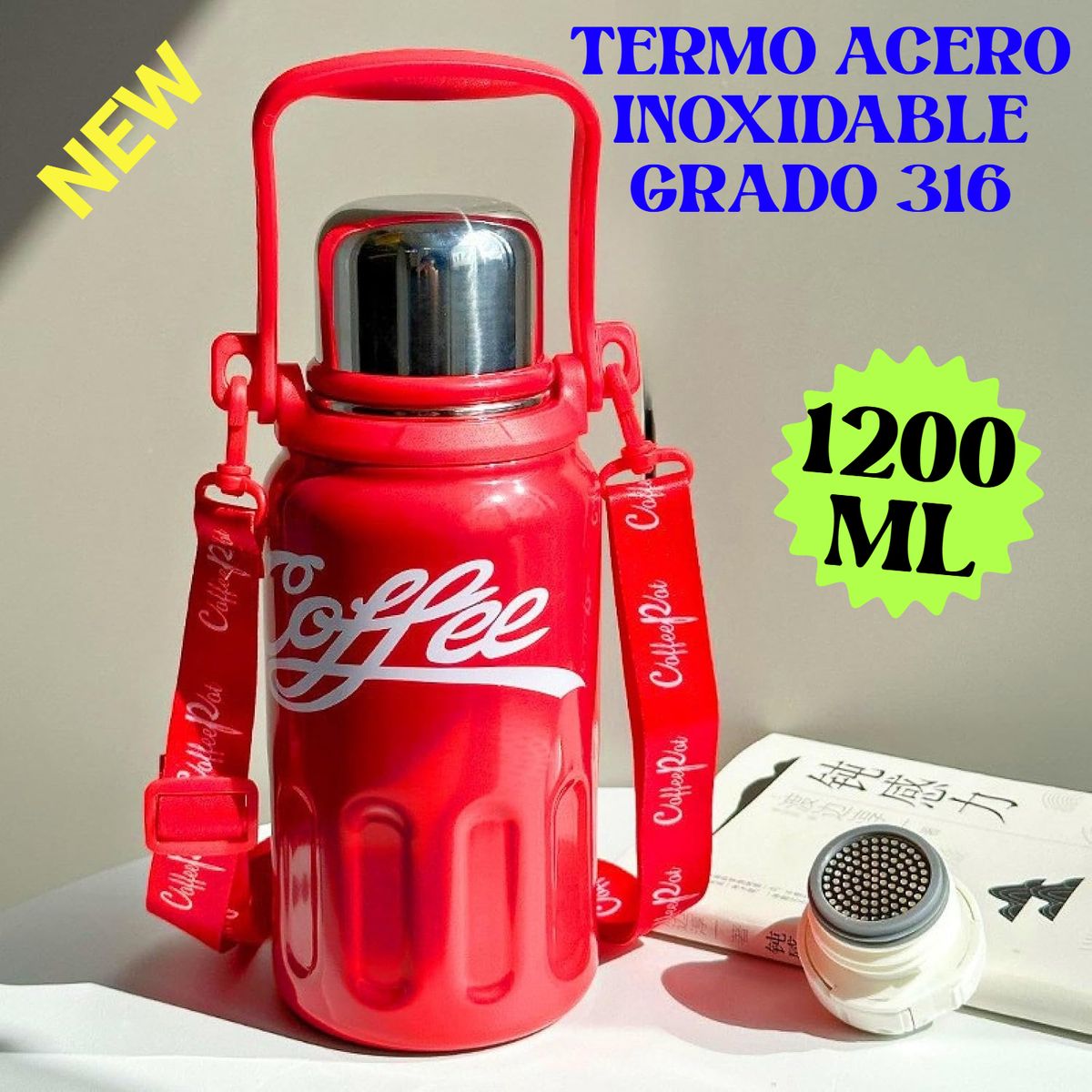 TERMO PORTÁTIL BOTELLA TOMATODO ASA Y CORREA TAZA TÉRMICA  1200ML ACERO GRADO 316, marca GENERICO - Foto Principal