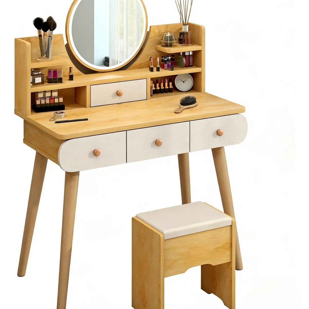 ANYHOGAR - Tocador Madera Espejo Con Luz con taburete marrón