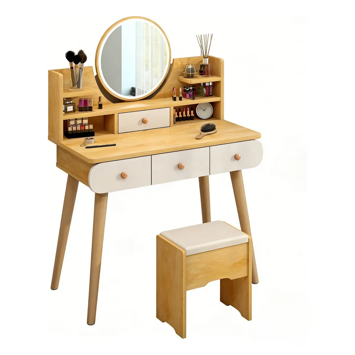 ANYHOGAR - Tocador Madera Espejo Con Luz con taburete marrón