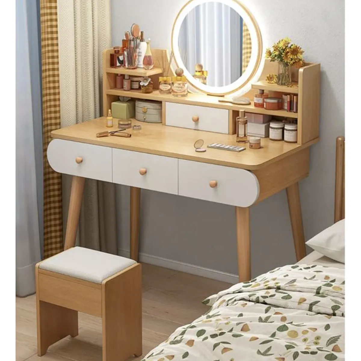 ANYHOGAR - Tocador Madera Espejo Con Luz con taburete marrón