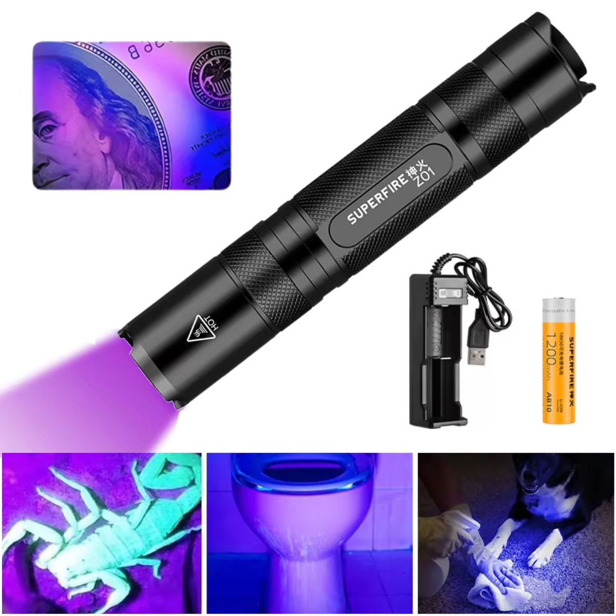 Superfire Z01 Linterna UV Profesional 365nm  Aluminio e IP44, marca OEM - Foto Principal