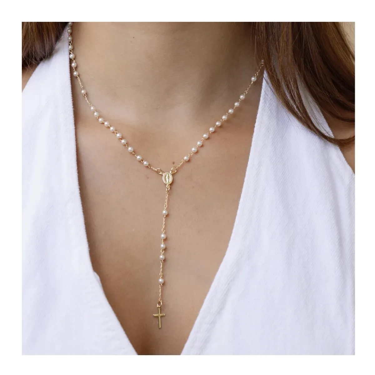 OEM - Collar Rosario Mujer Perlas con Acero Inoxidable Regala x SAN VALENTIN