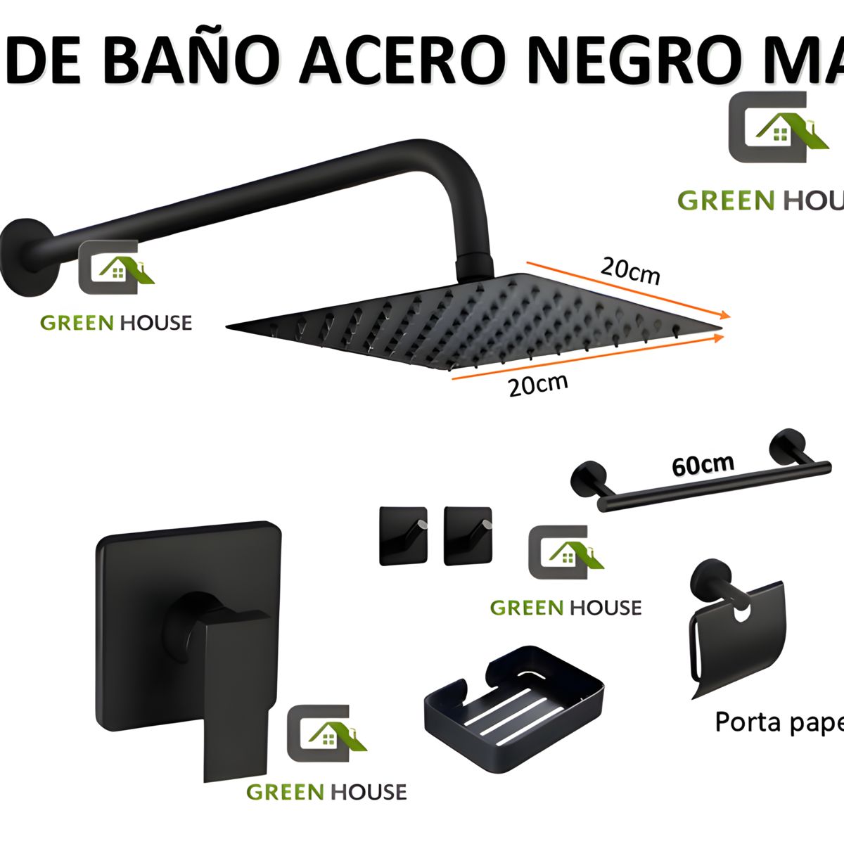 GREEN HOUSE - KIT MONOCOMANDO DE DUCHA CON SALIDA CUADRADA  ACCESORIOS DE BAÑO