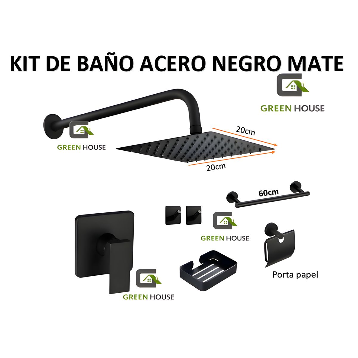 GREEN HOUSE - KIT MONOCOMANDO DE DUCHA CON SALIDA CUADRADA  ACCESORIOS DE BAÑO