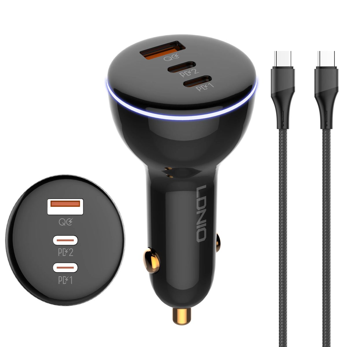 LDNIO - Cargador de Auto 160W LDNIO C102 1 USB + 2x USB-C Incluye Cable Tipo-C