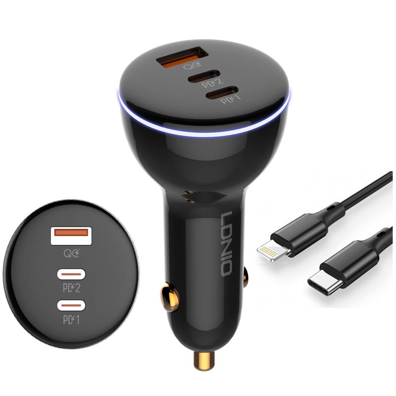 LDNIO - Cargador de Auto 160W LDNIO C102 1 USB + 2x USB-C Incluye Cable Ligthning
