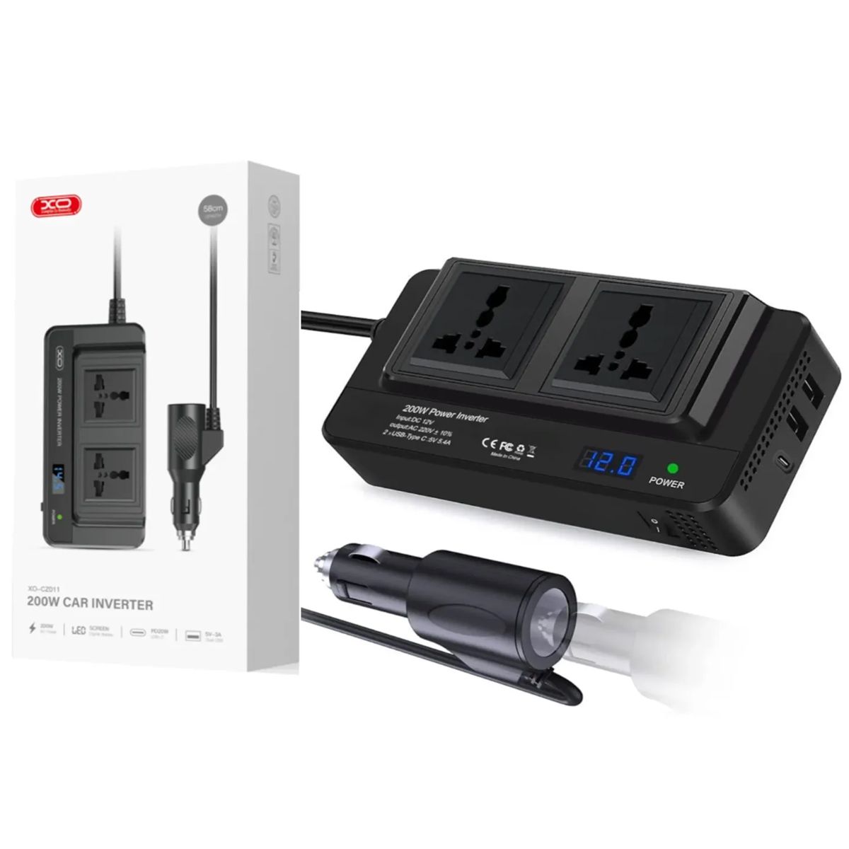 XO - Cargador Inversor Corriente Auto 12v a 220v 200w Salida C y USB