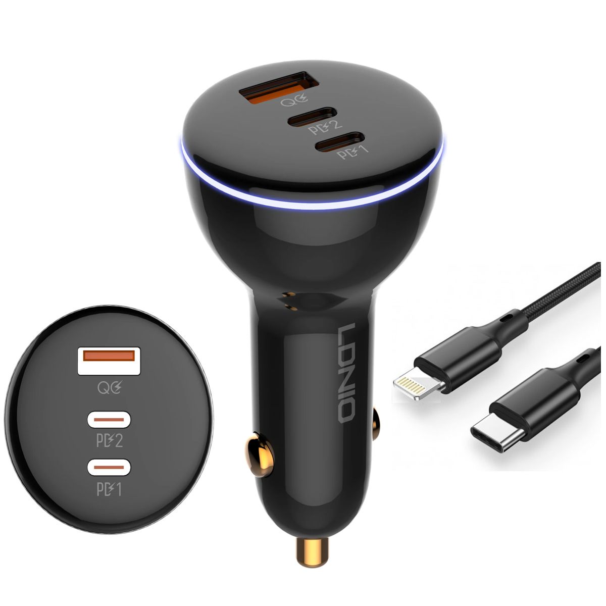 LDNIO - Cargador de Auto 160W LDNIO C102 1 USB + 2x USB-C Incluye Cable Ligthning