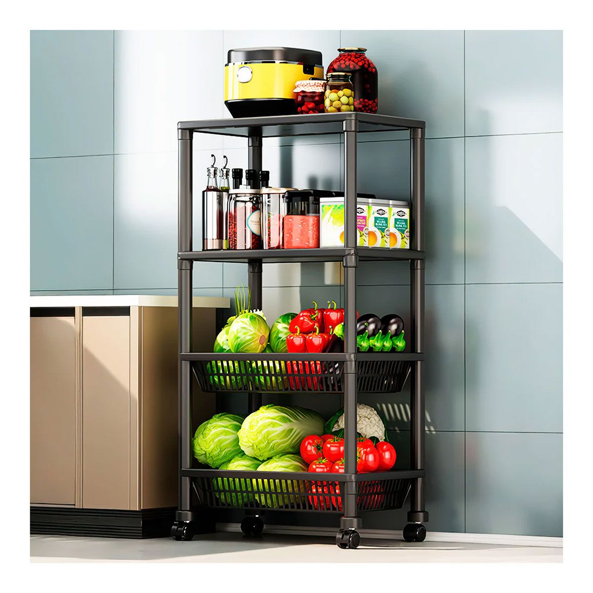 GRETAIL - Estante Organizador Verdulero Frutero Microondas 4 Pisos Ruedas Negro
