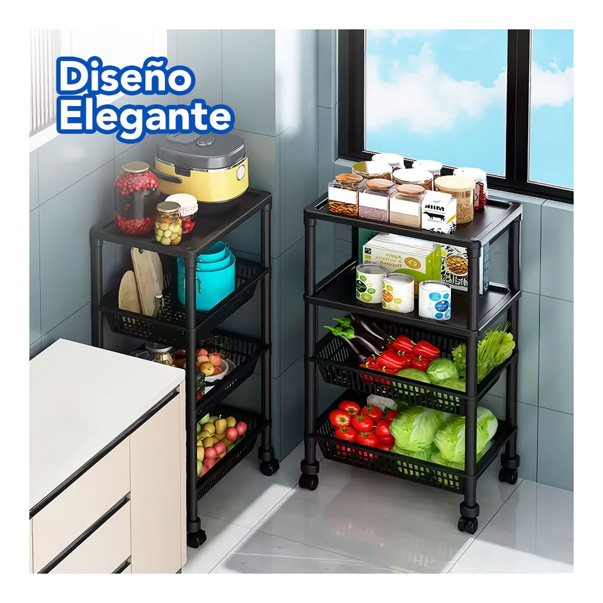 GRETAIL - Estante Organizador Verdulero Frutero Microondas 4 Pisos Ruedas Negro