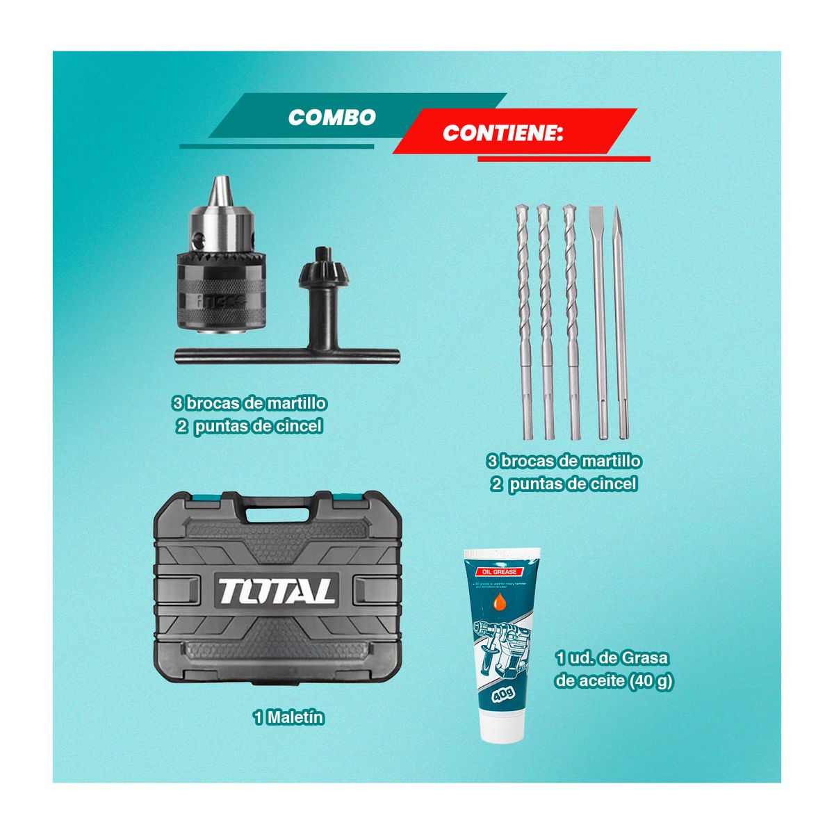 TOTAL TOOLS - Rotomartillo 1050w Industrial + Chuck Sds Plus + Accs