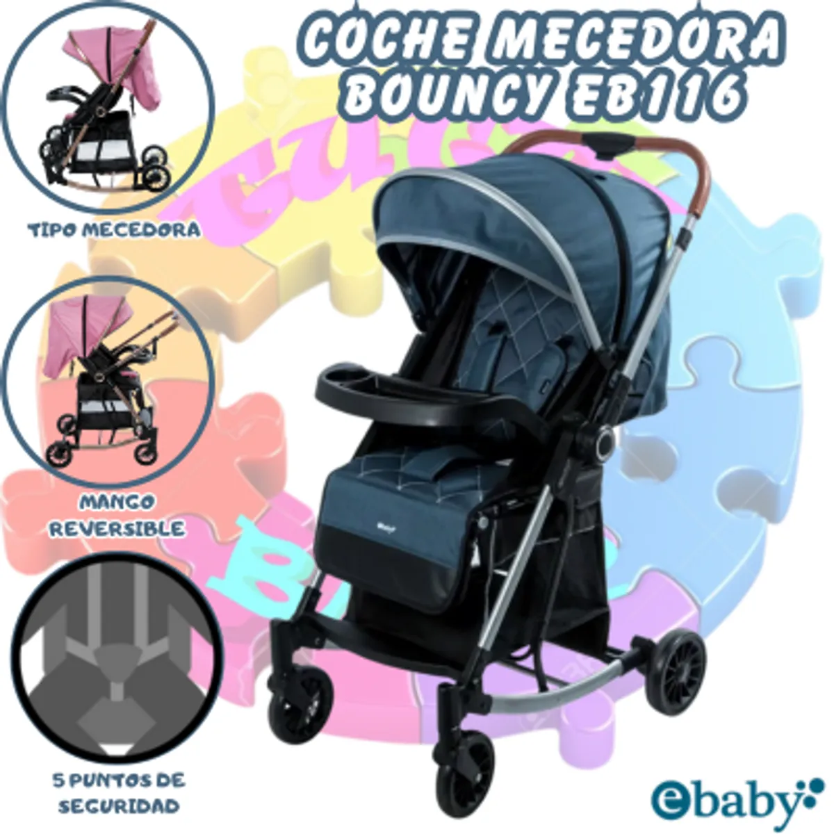 EBABY - COCHE MECEDORA DE LUJO BOUNCY AZUL