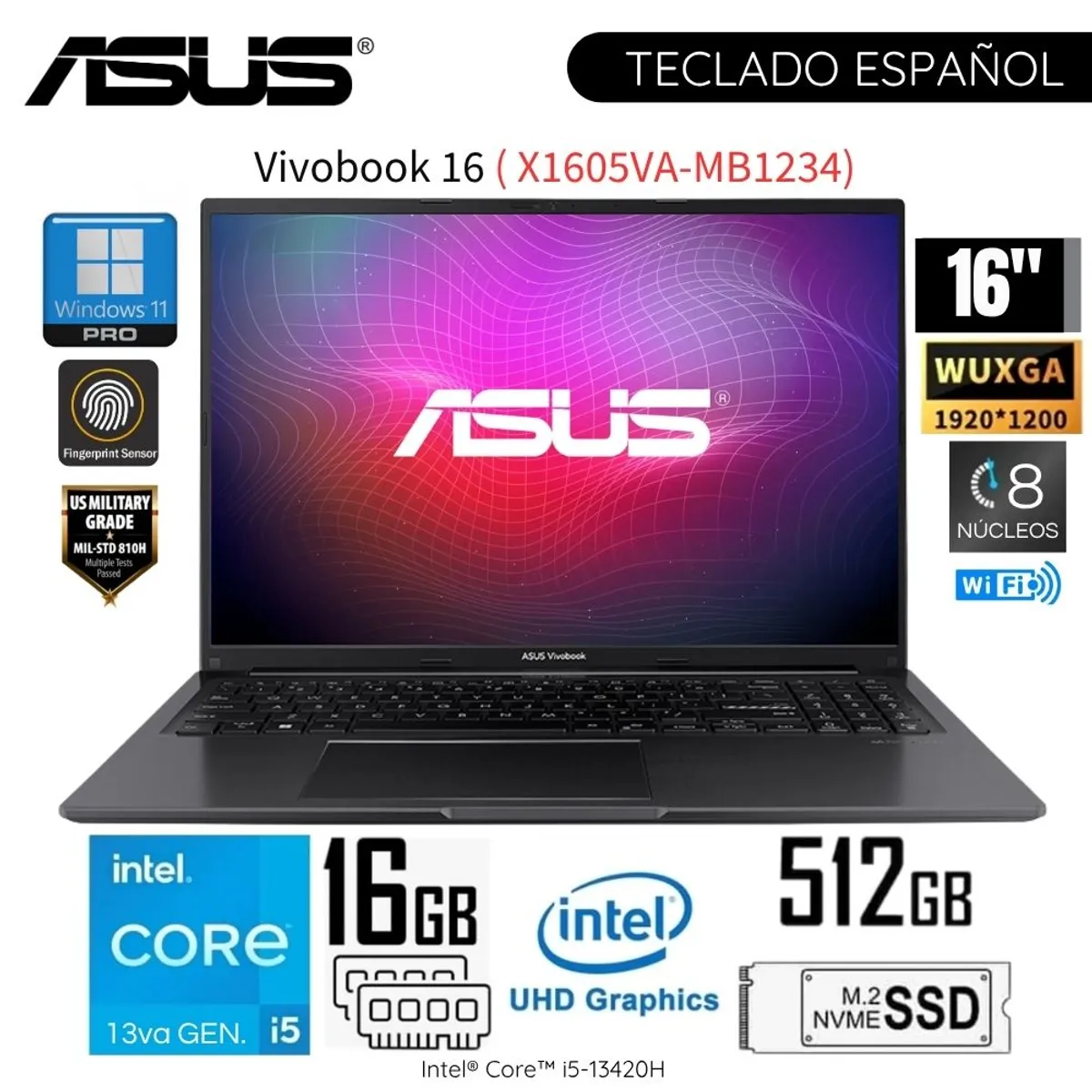 ASUS - Laptop Asus VivaBook X1605VA-MB1234 Intel Core i5-13420H 16GB RAM 512GB SSD 16"  WUXGA IPS Win 11