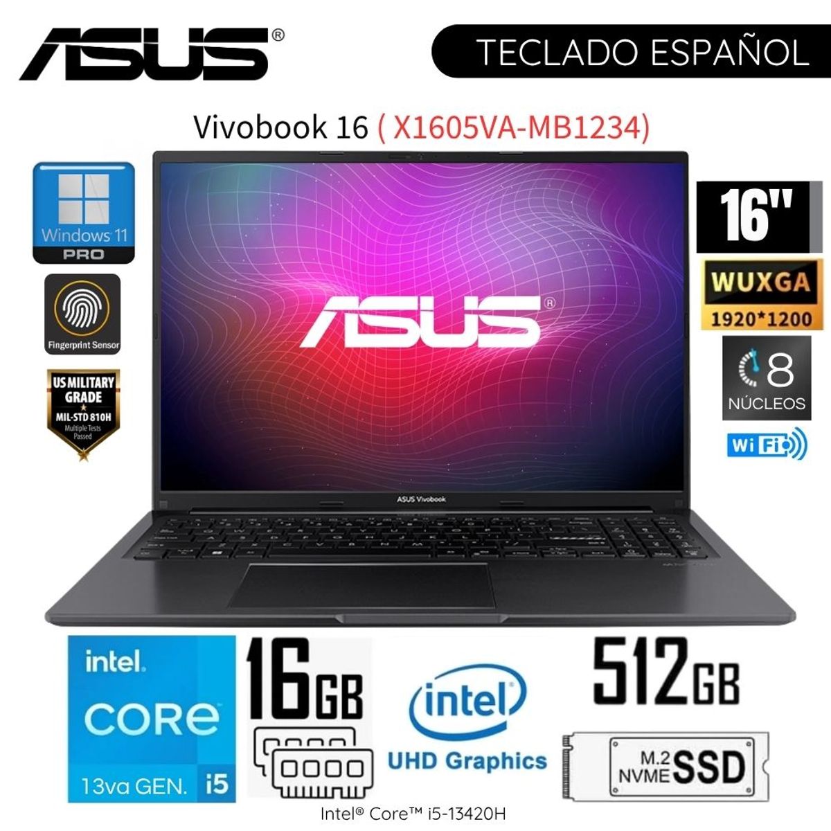 ASUS - Laptop Asus VivaBook X1605VA-MB1234 Intel Core i5-13420H 16GB RAM 512GB SSD 16"  WUXGA IPS Win 11