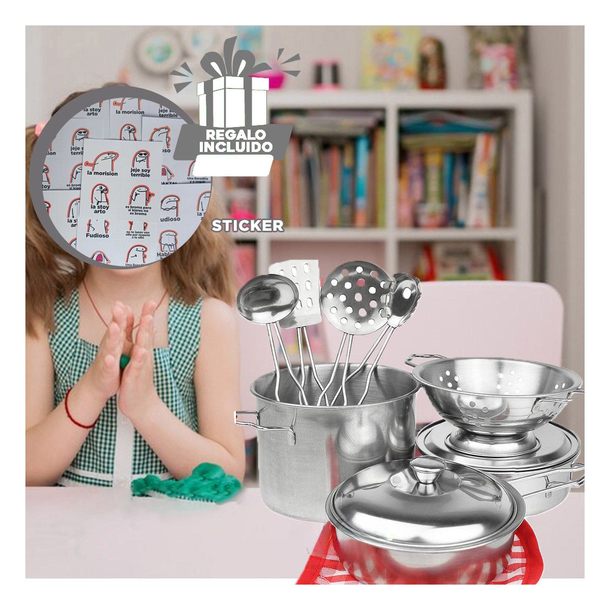 RYBIU IMPORT - Utensilios y Ollas para Cocina de Niñas Y+Regalo Stickers