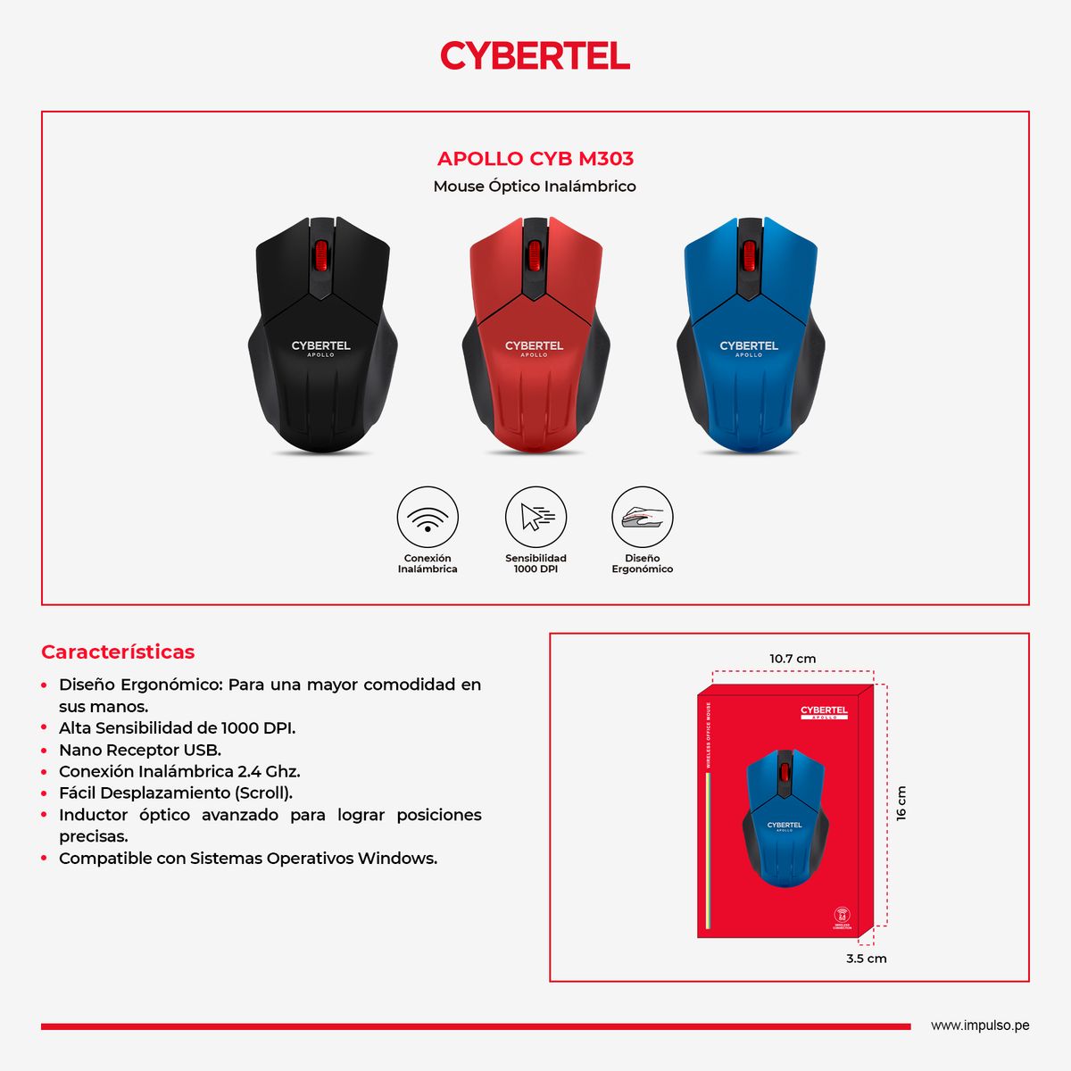 CYBERTEL - Mouse Oficina Inalámbrico 1000DPI Negro Cybertel Apollo CYB M303