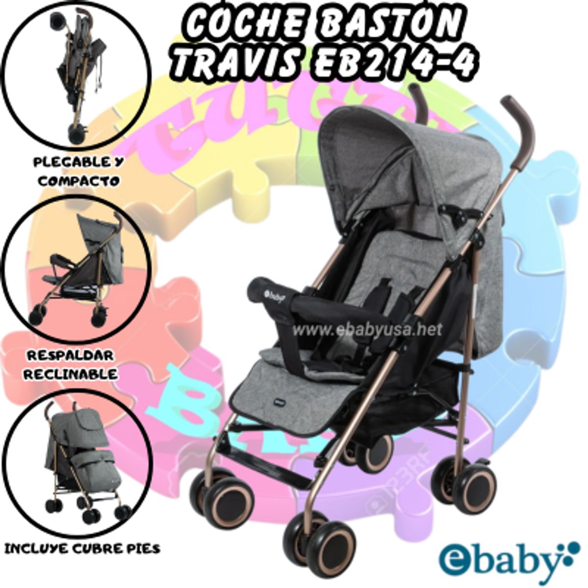 COCHE BASTON DOBLE ACOLCHADO PARA BEBE TRAVIS GRIS 214-4, marca EBABY - Foto Principal