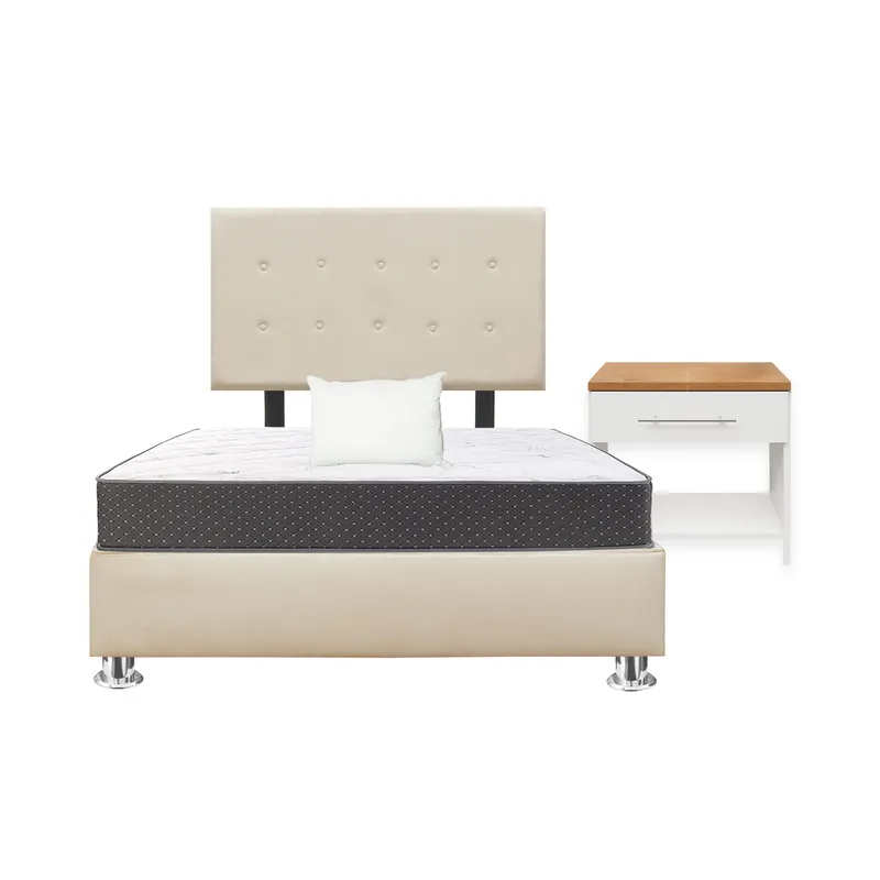 GENERICO - Combo Cama tapizada Petal - 2pz Beige claro+Colchón+ Almd+Velador Nod