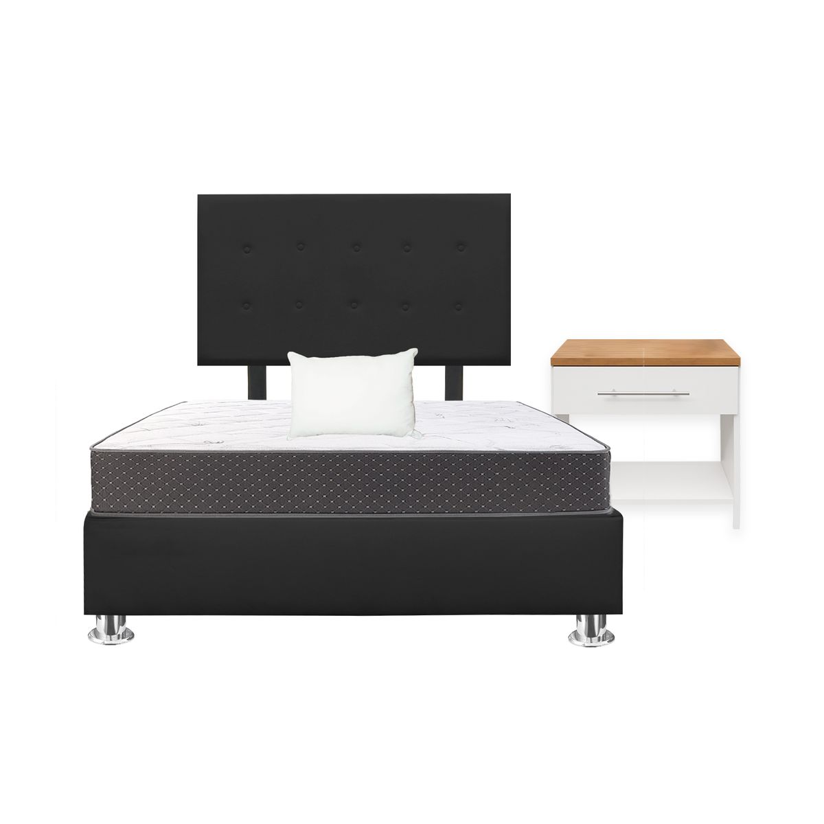 GENERICO - Combo Cama tapizada Petal - 2plz Negro+Colchón+ Almd+Velador Nod