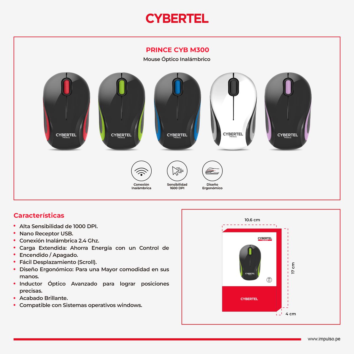 CYBERTEL - Mouse Oficina Inalámbrico1000DPI Negro y Verde Cybertel Prince CYBM300