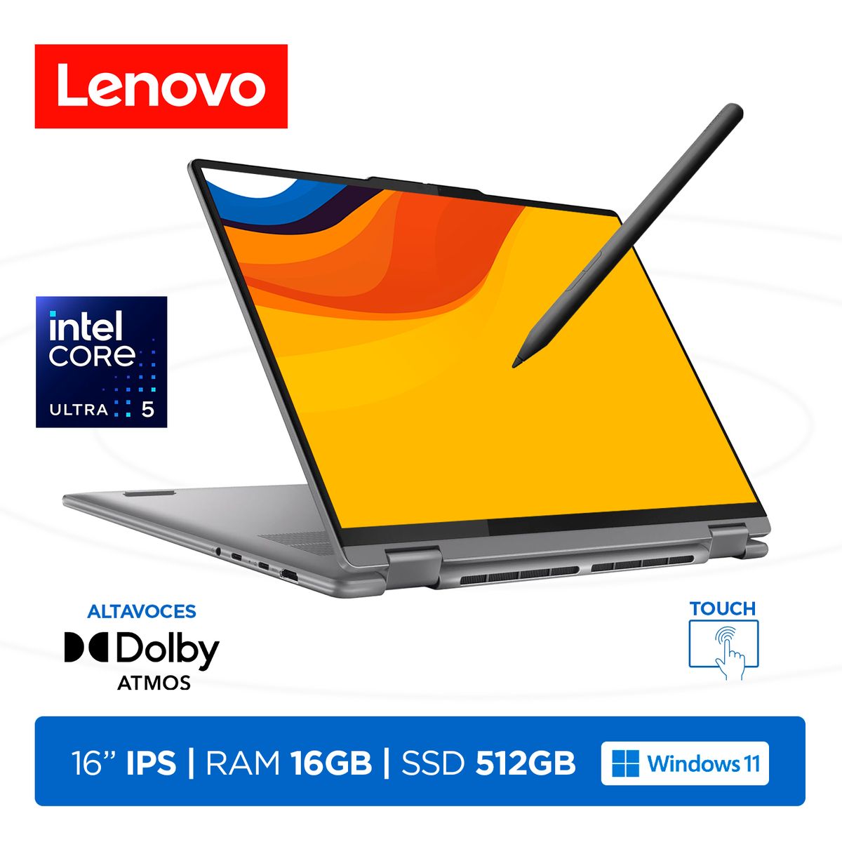LENOVO - Convertible Lenovo Yoga 7i, Ultra 5-125U, RAM 16GB, SSD 512GB, LED 16 WUXGA Touch, W11H, Storm Grey