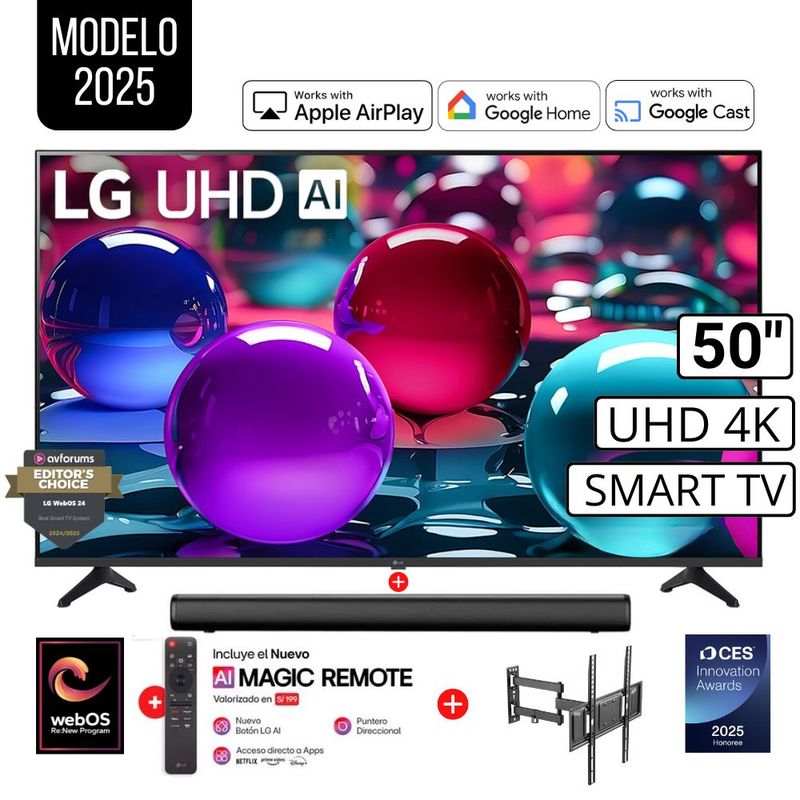 LG - Televisor Lg 50 Pulg Ultra HD 4K AI ThinQ 50UA7300PSB Modelo 2025 + Control Magic + Sounbar + Rack
