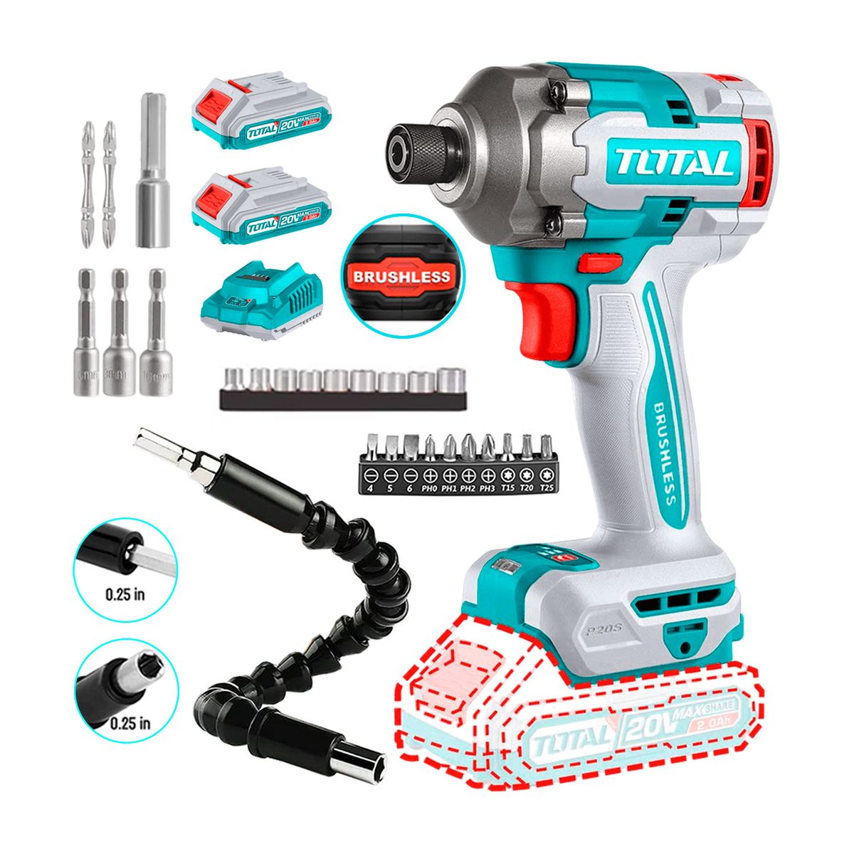 TOTAL TOOLS - Atornillador De Impacto 20v 14 285nm + Full Set + Accesorios