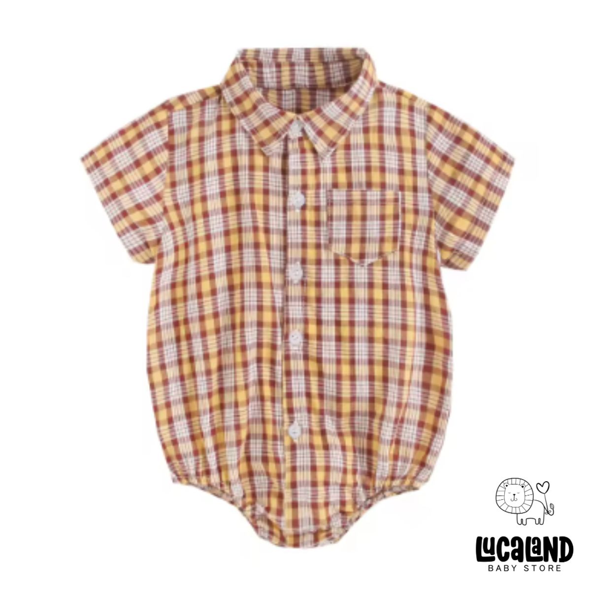 LUCALAND - Body camisa manga corta de algodón cuadros amarillo marrón