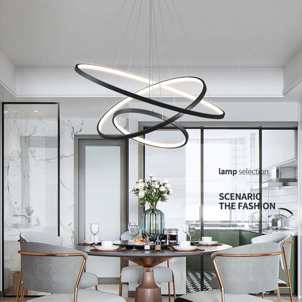 GENERICO - Lámpara 3 luces moderna con anillos irregular  LED  negro