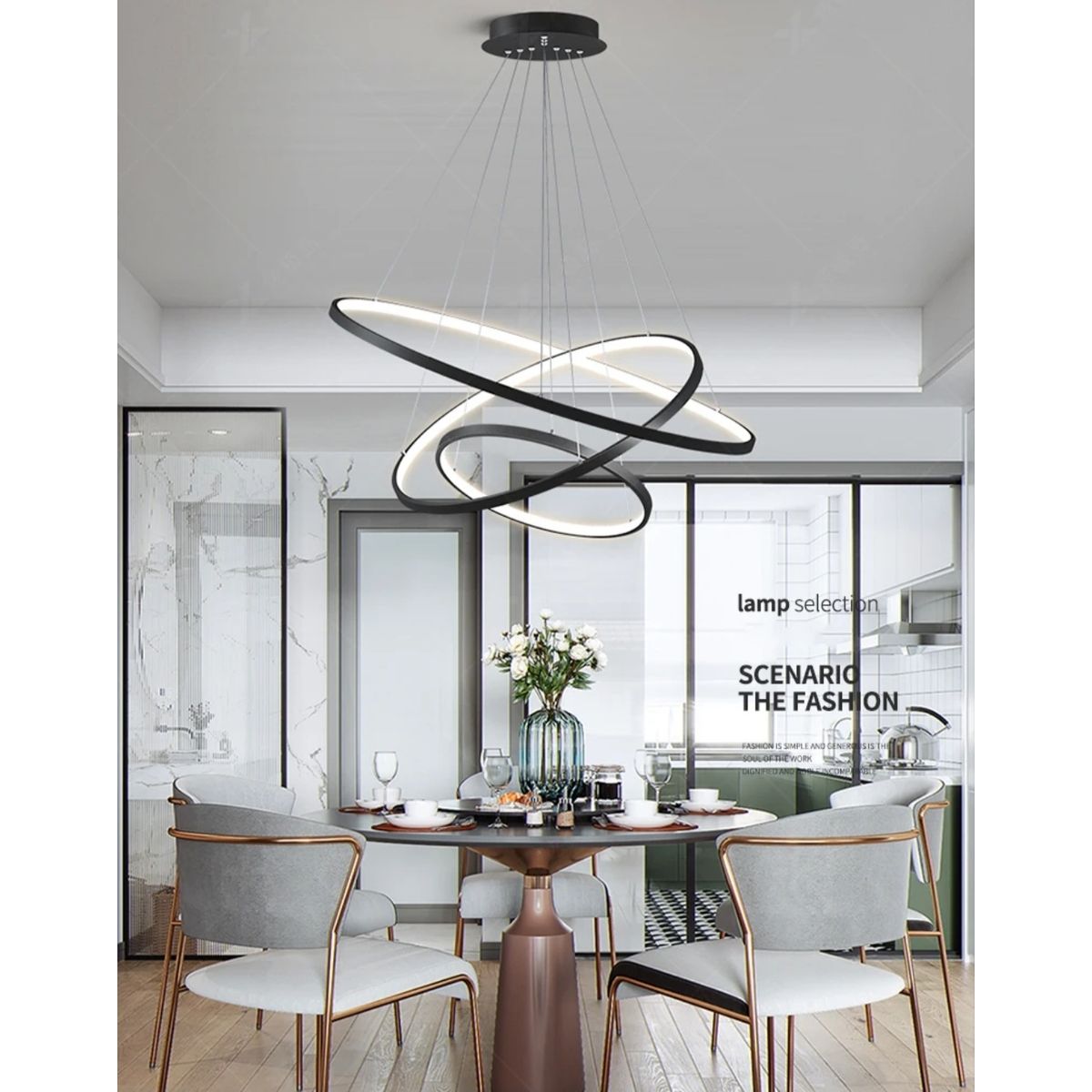 GENERICO - Lámpara 3 luces moderna con anillos irregular  LED  negro