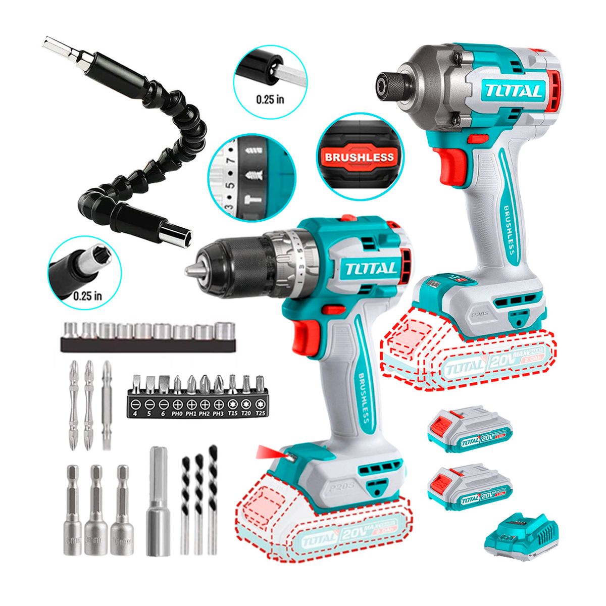Total Tools - Atornillador De Impacto 285nm + Taladro Percutor 13mm + Accesorios