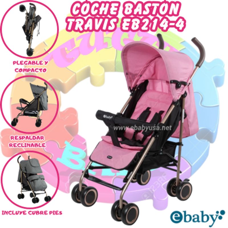 EBABY - COCHE BASTON DOBLE ACOLCHADO PARA BEBE TRAVIS ROSADO 214-4