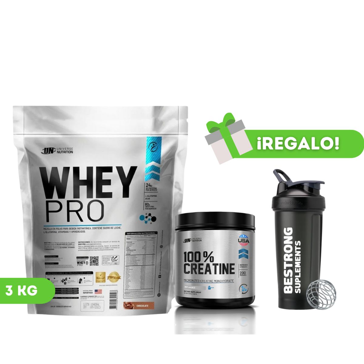 UNIVERSE NUTRITION - PACK PROTEÍNA WHEY PRO 3KG CHOCOLATE + CREATINA UNIVERSE NUTRITION 250G + SHAKER