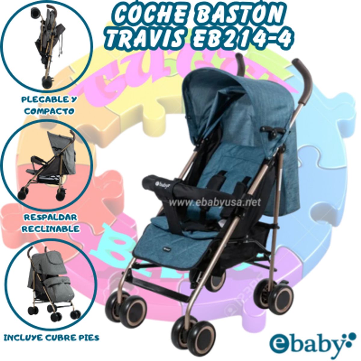 EBABY - COCHE BASTON DOBLE ACOLCHADO PARA BEBE TRAVIS AZUL 214-4