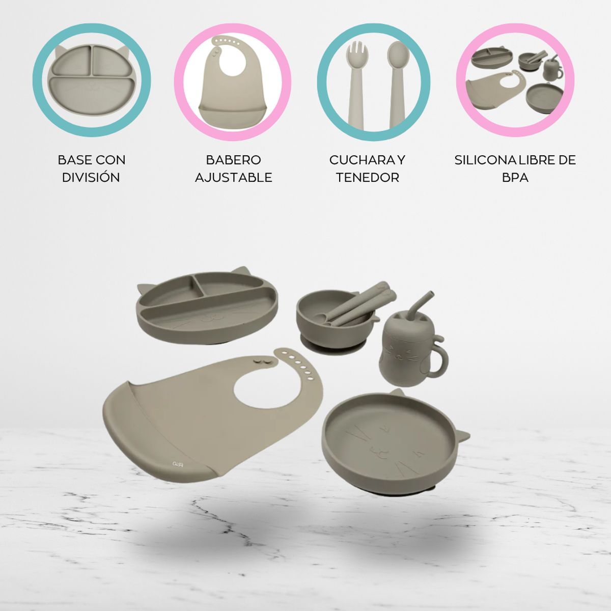CARESTINO - Set de Alimentación de Silicona «GATITO» Greige