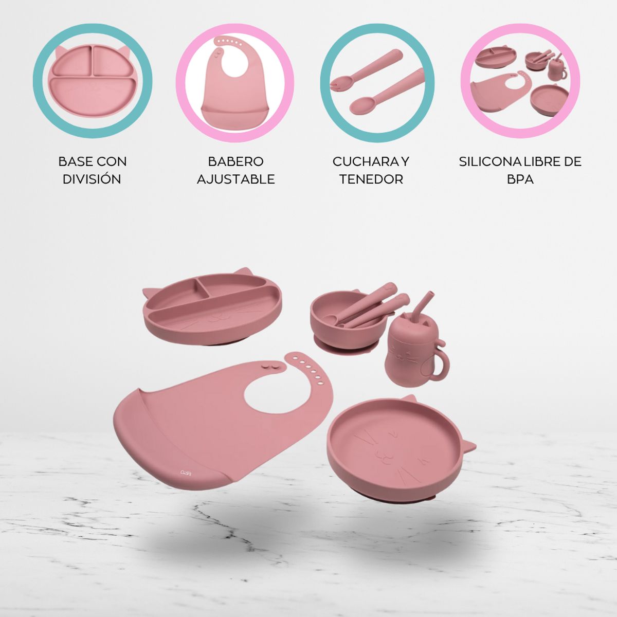 CARESTINO - Set de Alimentación de Silicona «GATITO» Rosa Malva