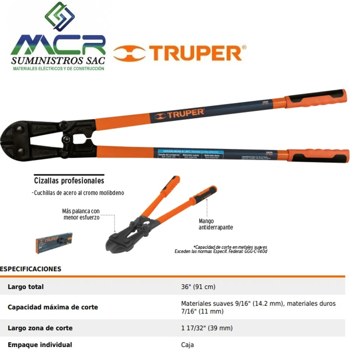 Truper - CIZALLA CORTAPERNOS LARGO 36” 90cm 916” 716” TRUPER