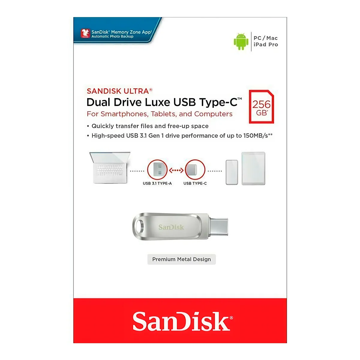 SANDISK - Memoria Usb 3.1 - Tipo C 256gb Sandisk Dual Drive Luxe Gen 1