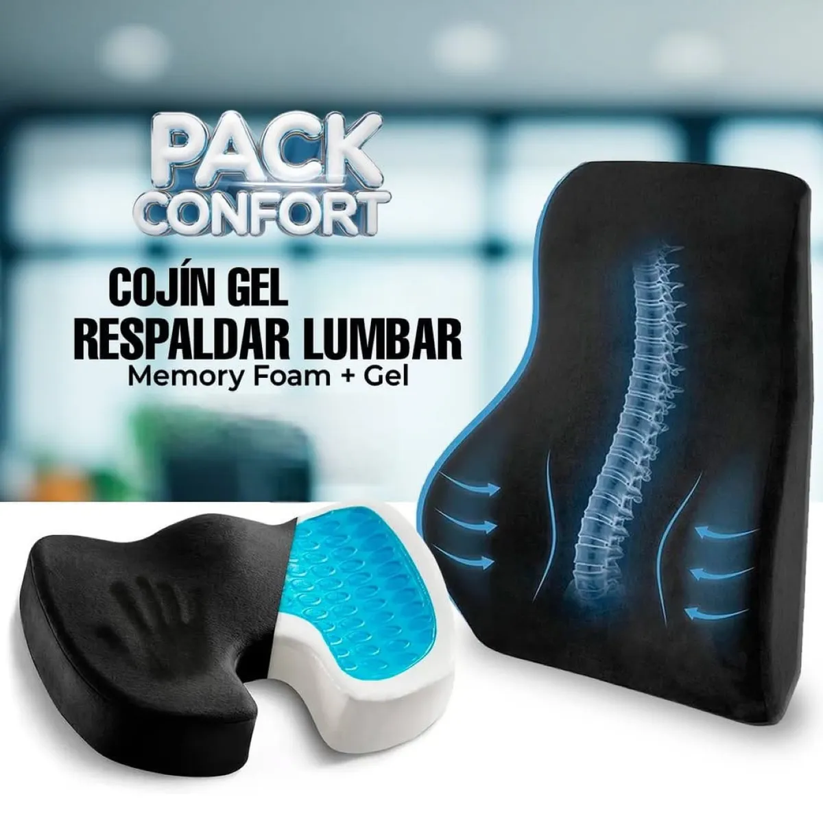 GENERICO - Kit ergonómico con GEL asiento y respaldar Negro