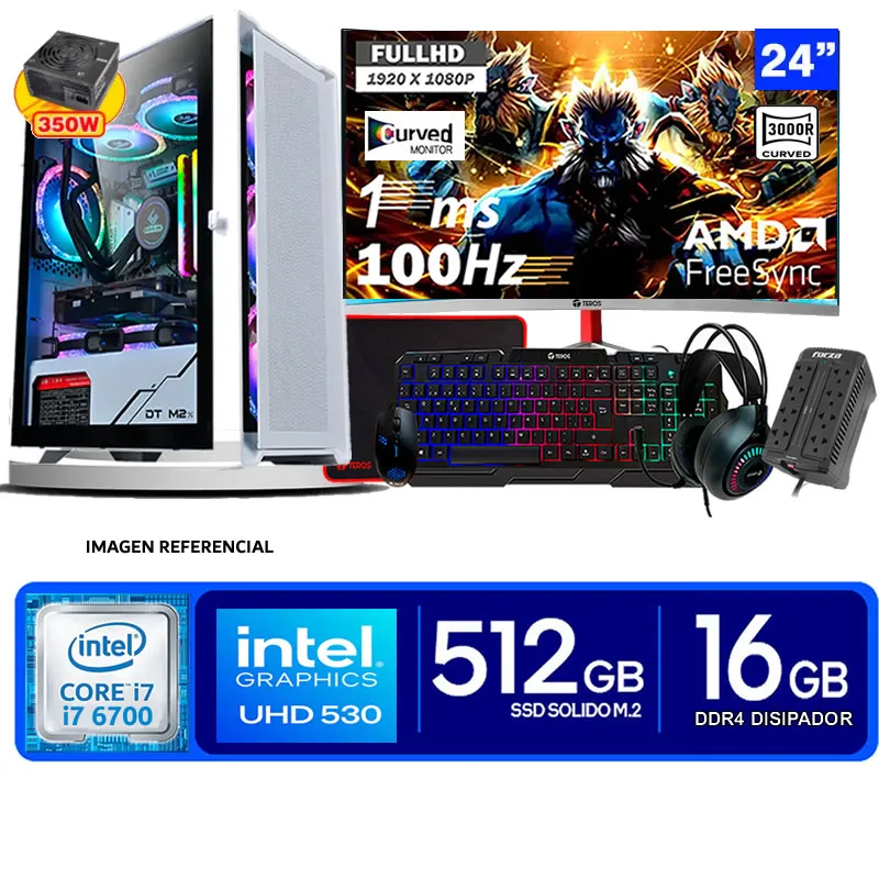 GAMEMAX - PC Completa Intel Core i7  6700 16GB Ram  500 GB  SSD  Monito curvo 24  FHD WIFI