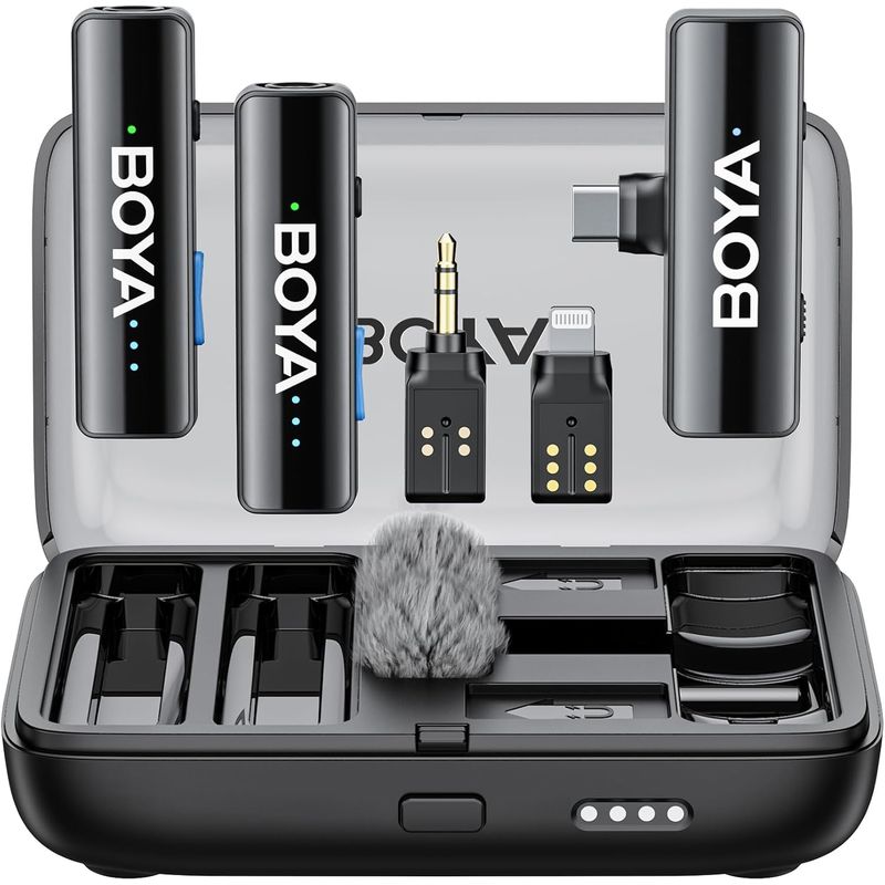 BOYA - BOYA BOYALINK 2 Micrófono inalámbrico dual 2TX + 1RX +3 adaptadores + estuche de carga